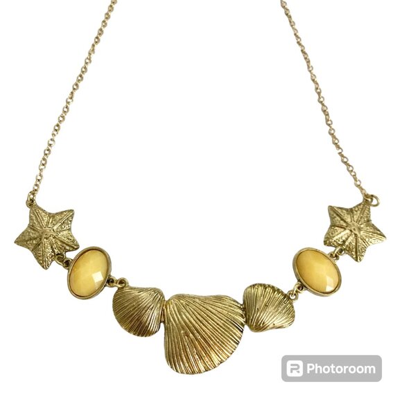 Gold Sea Shell Starfish Bib Necklace Plated Sea Life Island Nautical Beach 20" - Picture 1 of 14